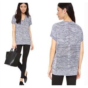 VINCE Tunic Top Medium Knit Crochet Woven Navy White Coastal Chic Semi Sheer